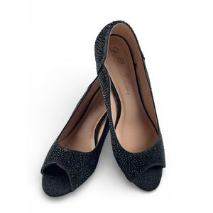 De Blossom Collection Black Rhinestone Glitter Peep Toe Wedge Heels Size 9
